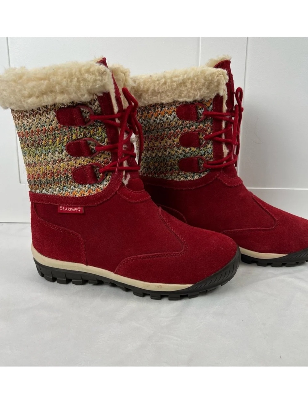 BearPaw Red Suede Knit-Panel Winter Boots with Faux Shearling
